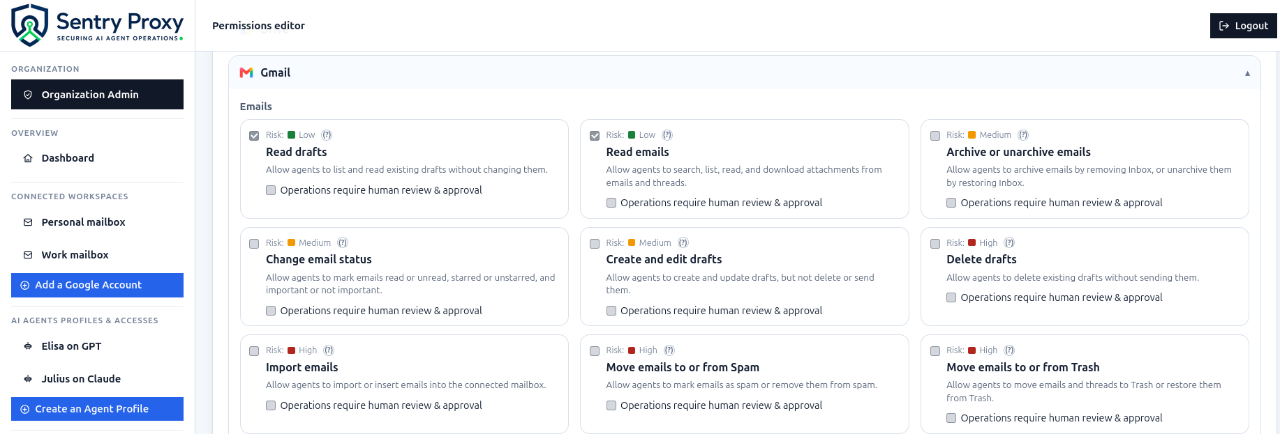 Sentry Proxy permissions dashboard
